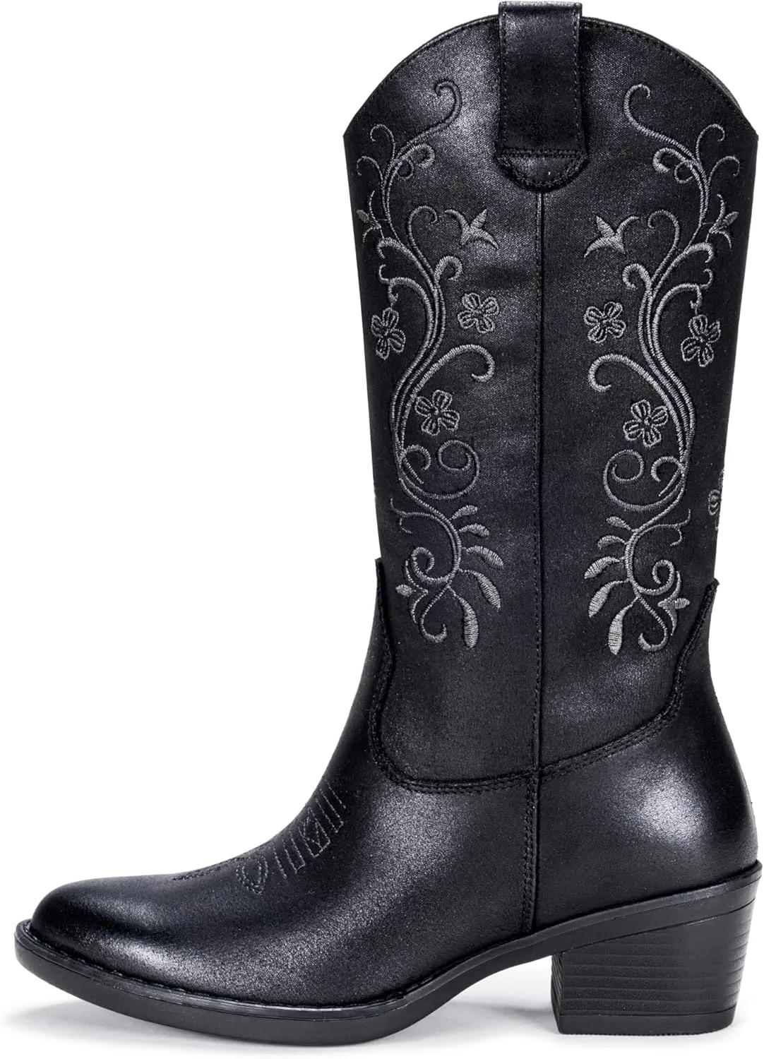 Vepose Women's Cowboy Boots, Embroidered Western Mid-Calf 9802 Cowgirl Boots, Pointed Toe Pull on Boots with Chunky Heel