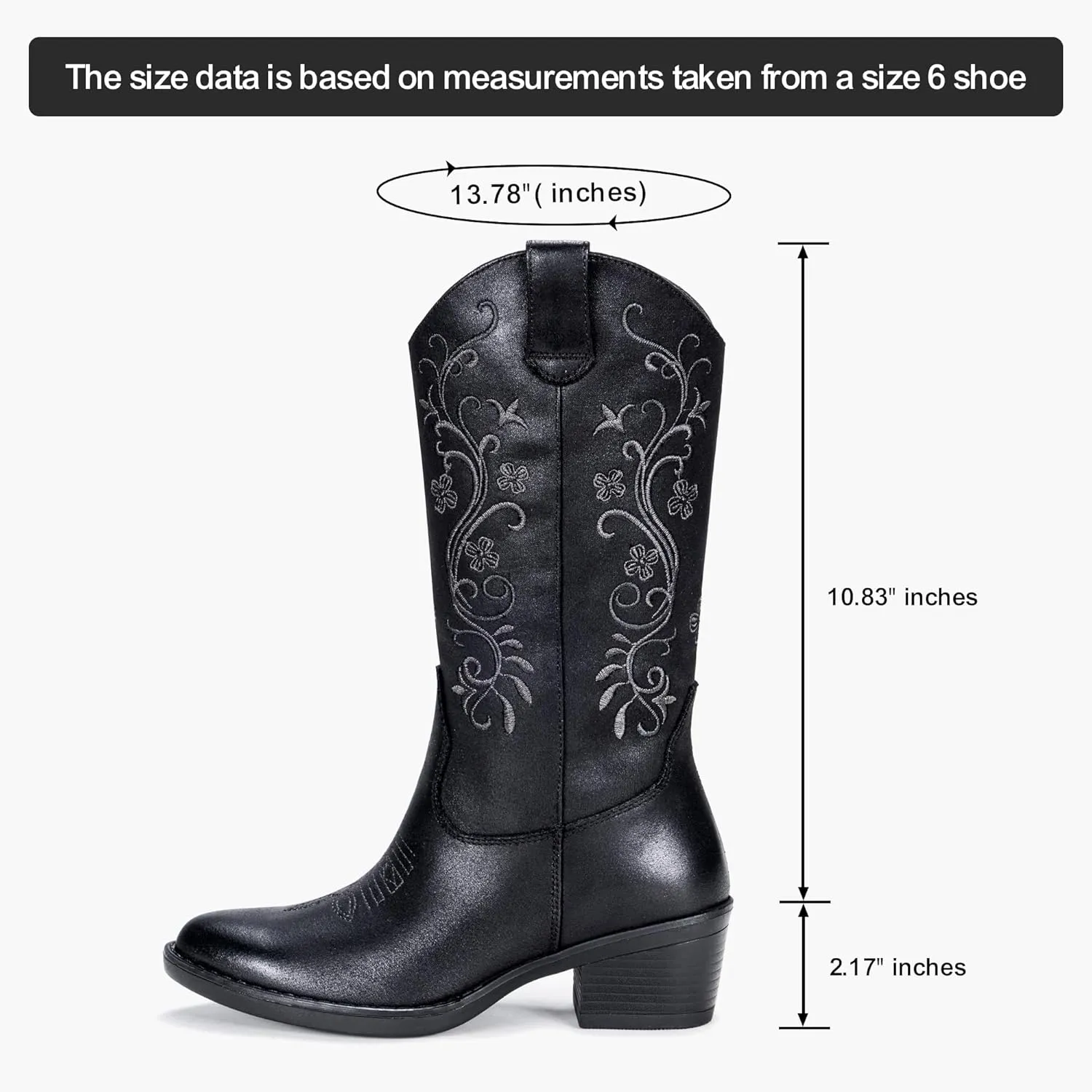 Vepose Women's Cowboy Boots, Embroidered Western Mid-Calf 9802 Cowgirl Boots, Pointed Toe Pull on Boots with Chunky Heel