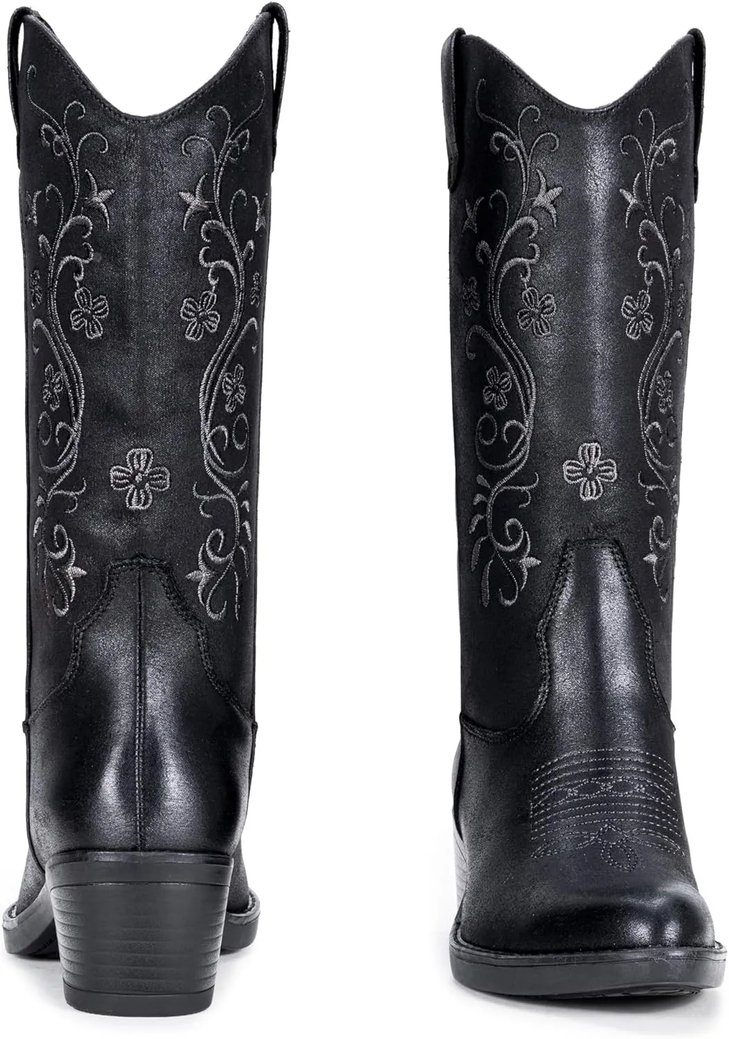 Vepose Women's Cowboy Boots, Embroidered Western Mid-Calf 9802 Cowgirl Boots, Pointed Toe Pull on Boots with Chunky Heel