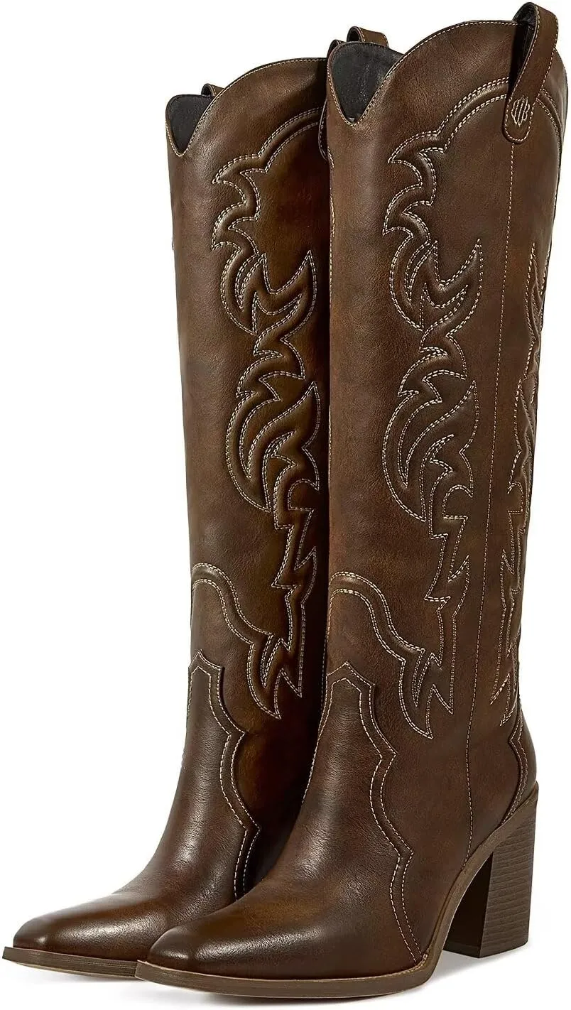 wetkiss Cowgirl Boots Women Knee High Boots, Embroidered Cowboy Boots with Chunky Heel Comfort Tall Western Boots for Women