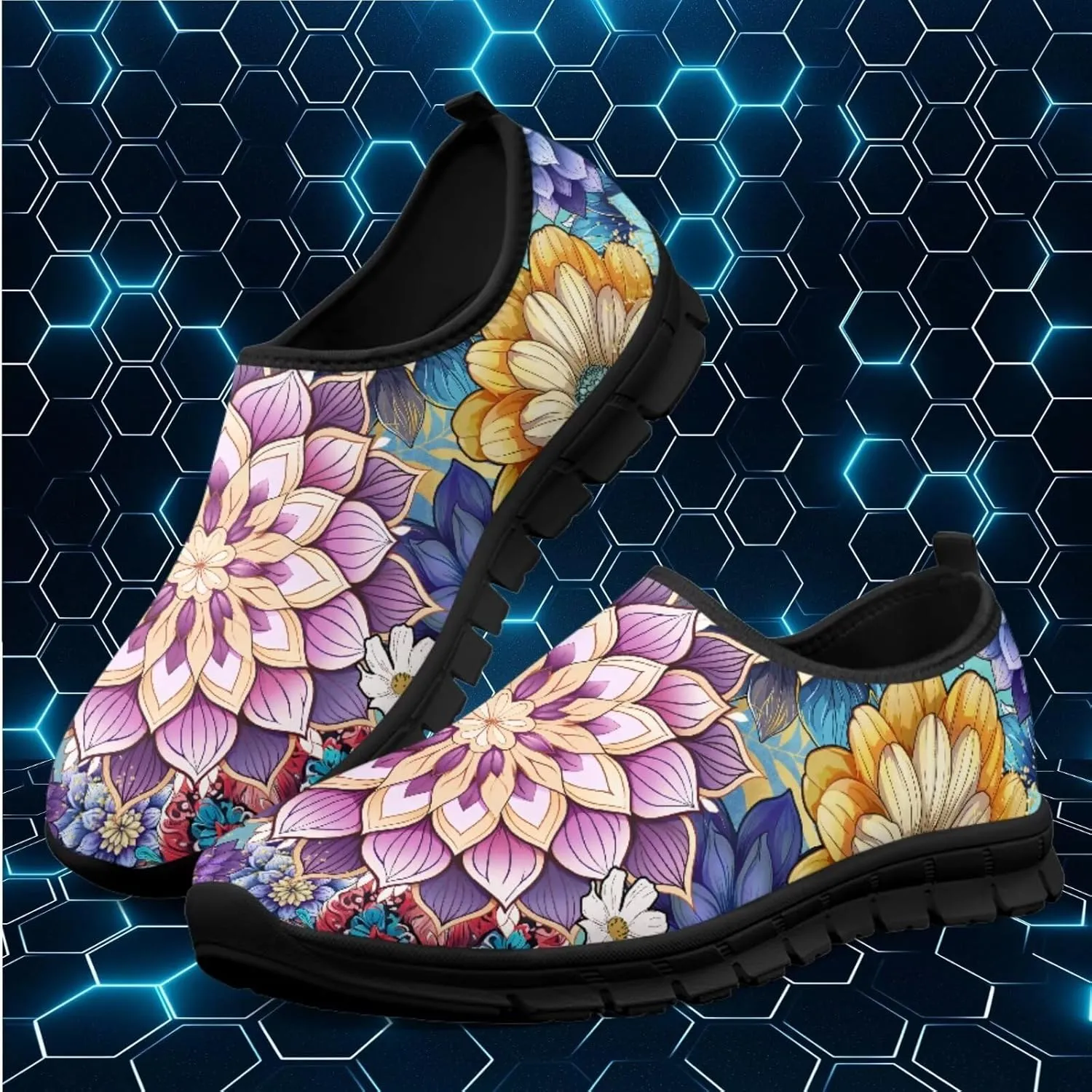 Women's Casual Walking Shoes with Flower,Slip On Mesh Sneakers Lightweight Anti Slip Running Shoes Gym Workout Shoes Trainers