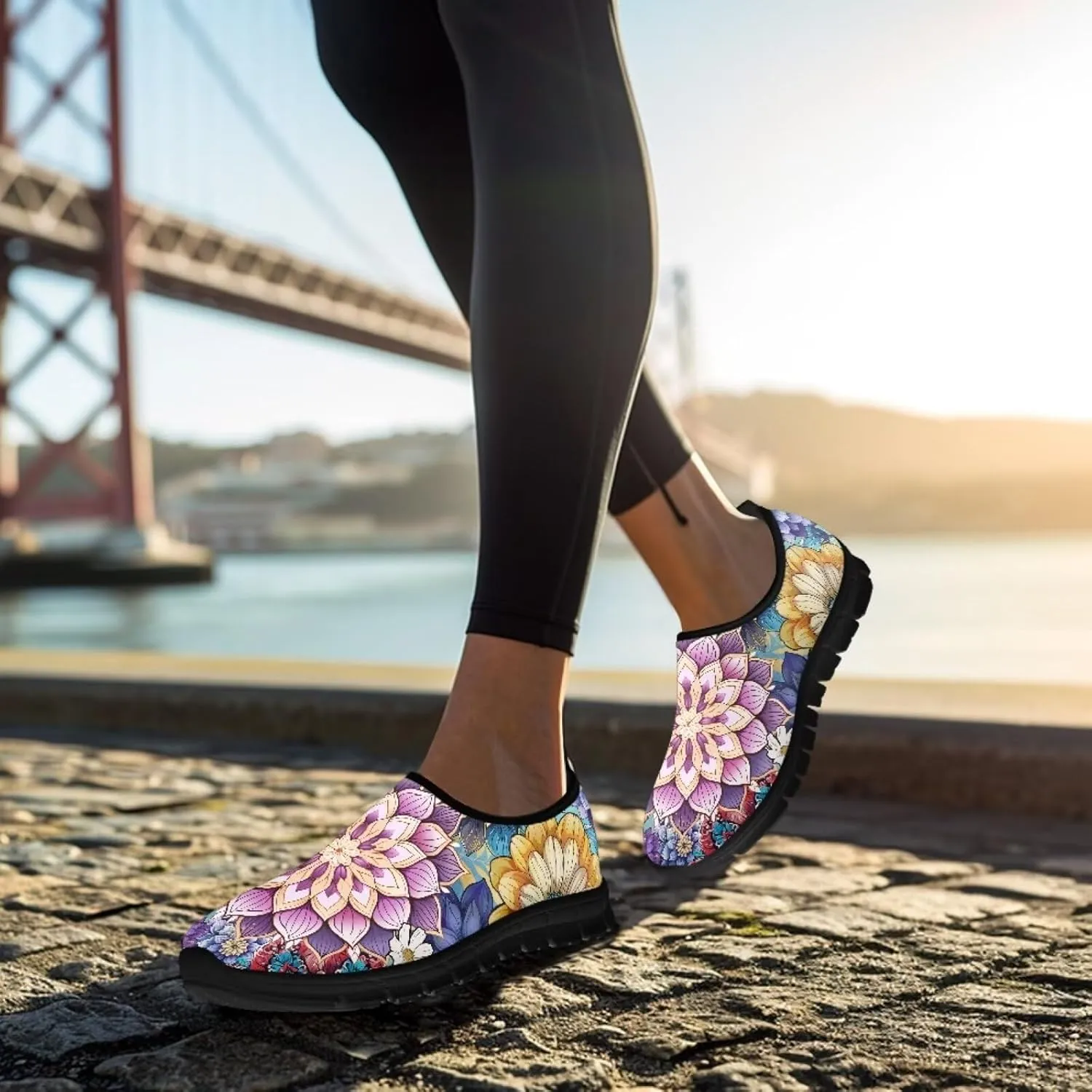 Women's Casual Walking Shoes with Flower,Slip On Mesh Sneakers Lightweight Anti Slip Running Shoes Gym Workout Shoes Trainers