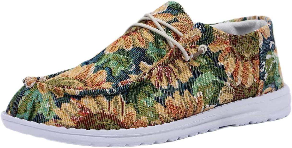 Women's Comfortable Floral Print Lace-up Loafers Wide Width Slip on Sneakers Orthopedic Women Boat Shoes Lightweight Arch Support Walking Shoes