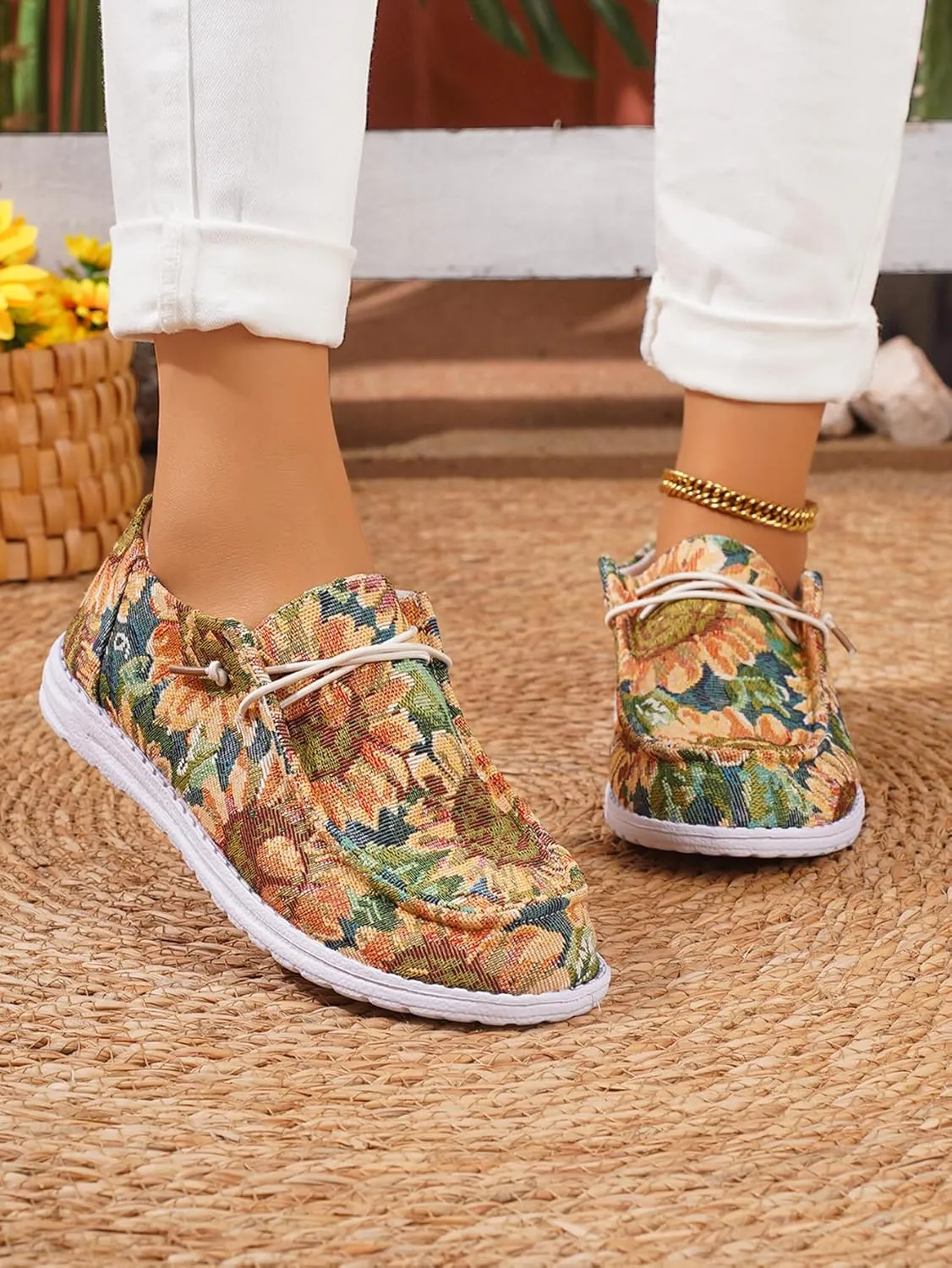 Women's Comfortable Floral Print Lace-up Loafers Wide Width Slip on Sneakers Orthopedic Women Boat Shoes Lightweight Arch Support Walking Shoes