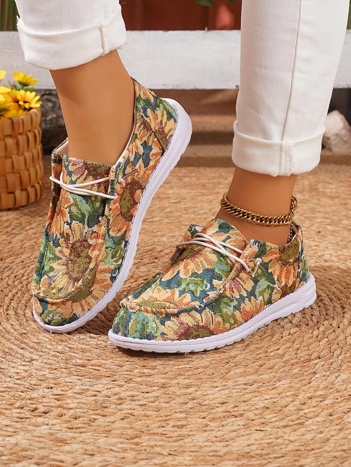 Women's Comfortable Floral Print Lace-up Loafers Wide Width Slip on Sneakers Orthopedic Women Boat Shoes Lightweight Arch Support Walking Shoes