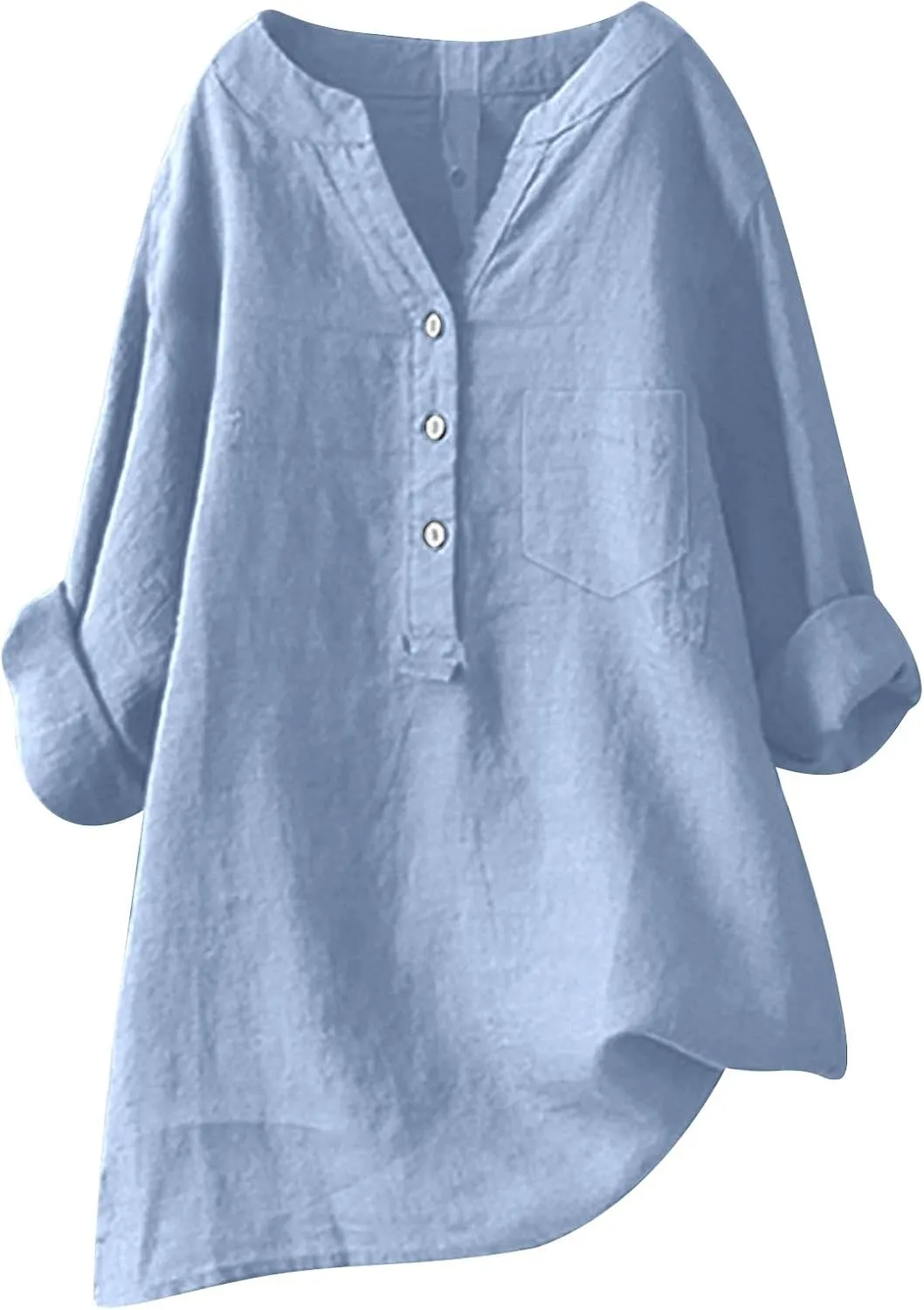 Womens Linen Shirts V-Neck Button Blouses Solid Color Henley Tee Top Short Sleeve Loose Fit T-Shirt