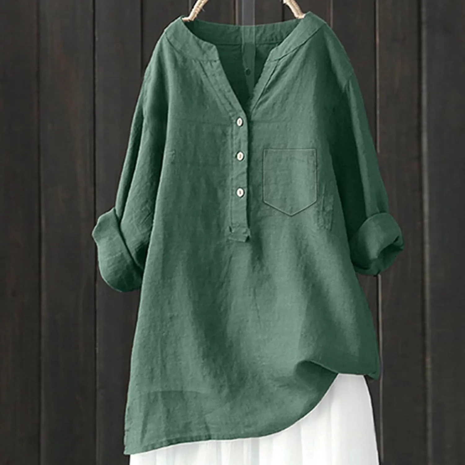 Womens Linen Shirts V-Neck Button Blouses Solid Color Henley Tee Top Short Sleeve Loose Fit T-Shirt