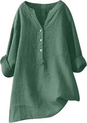 Womens Linen Shirts V-Neck Button Blouses Solid Color Henley Tee Top Short Sleeve Loose Fit T-Shirt