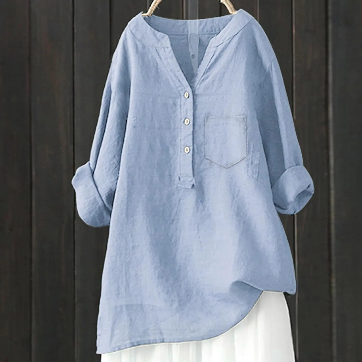 Womens Linen Shirts V-Neck Button Blouses Solid Color Henley Tee Top Short Sleeve Loose Fit T-Shirt