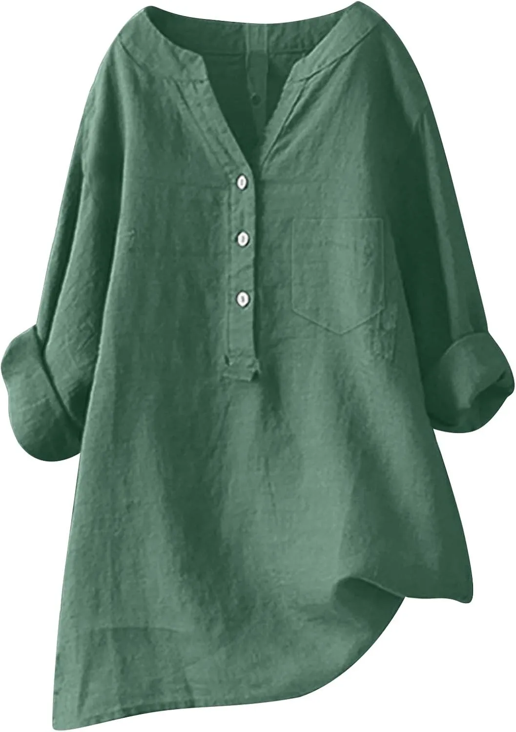 Womens Linen Shirts V-Neck Button Blouses Solid Color Henley Tee Top Short Sleeve Loose Fit T-Shirt