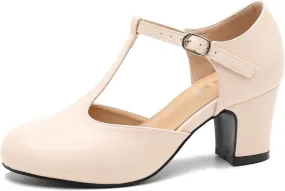 Women's T Strap Mary Jane Shoes Mid Block Chunky Heel Buckle Dress Pumps
