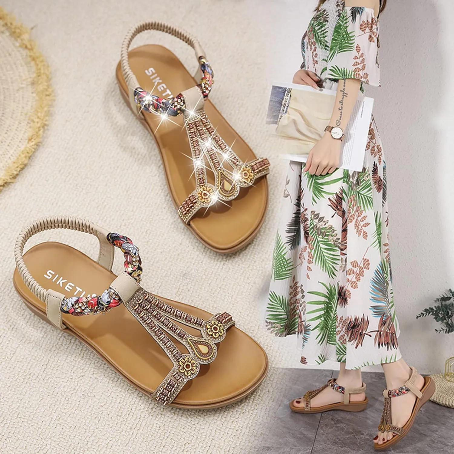Womens T-Strap Sandals Bohemian Beaded Flat Sandals Ladies Comfortable Open Toe Elastic Ankle Strap Sandals Dress Summer Beach Shoes
