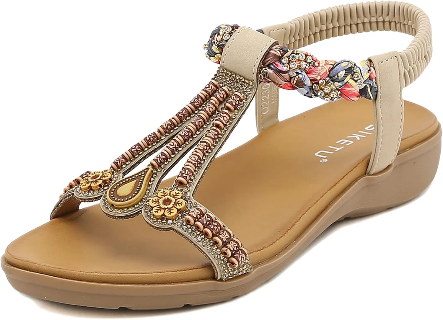 Womens T-Strap Sandals Bohemian Beaded Flat Sandals Ladies Comfortable Open Toe Elastic Ankle Strap Sandals Dress Summer Beach Shoes