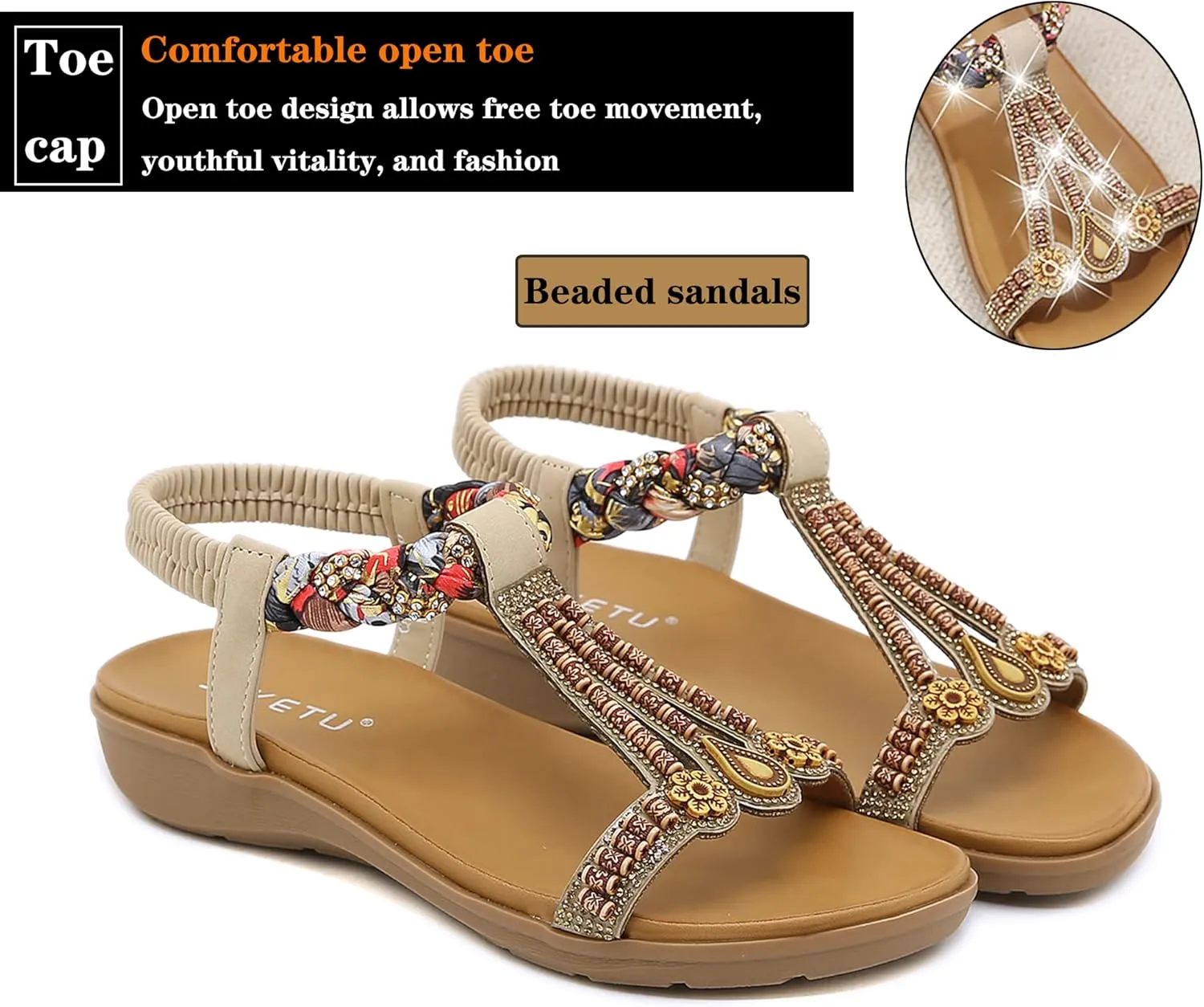 Womens T-Strap Sandals Bohemian Beaded Flat Sandals Ladies Comfortable Open Toe Elastic Ankle Strap Sandals Dress Summer Beach Shoes