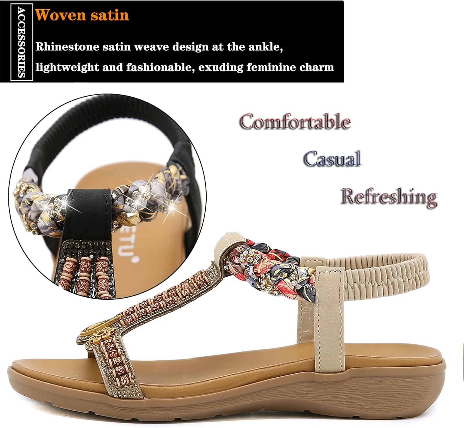 Womens T-Strap Sandals Bohemian Beaded Flat Sandals Ladies Comfortable Open Toe Elastic Ankle Strap Sandals Dress Summer Beach Shoes