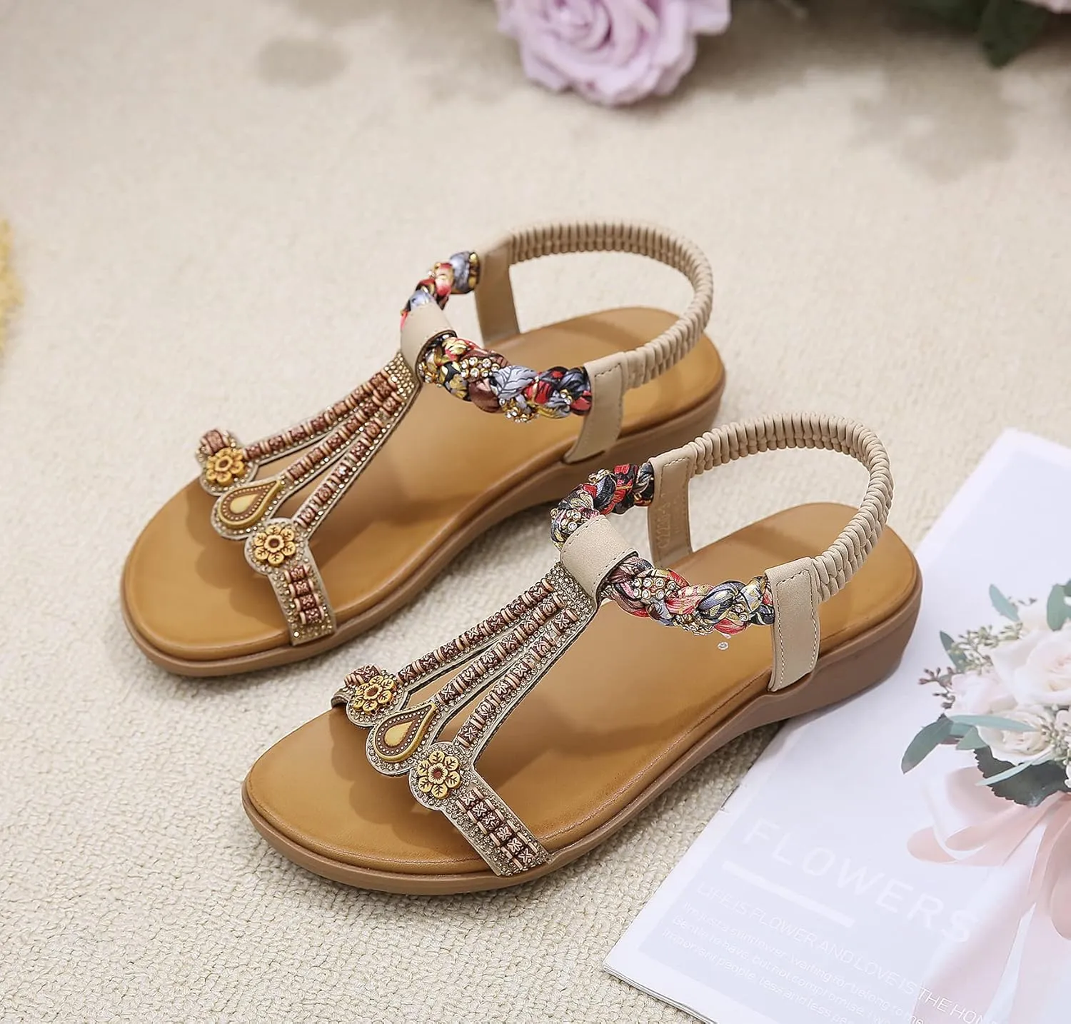 Womens T-Strap Sandals Bohemian Beaded Flat Sandals Ladies Comfortable Open Toe Elastic Ankle Strap Sandals Dress Summer Beach Shoes
