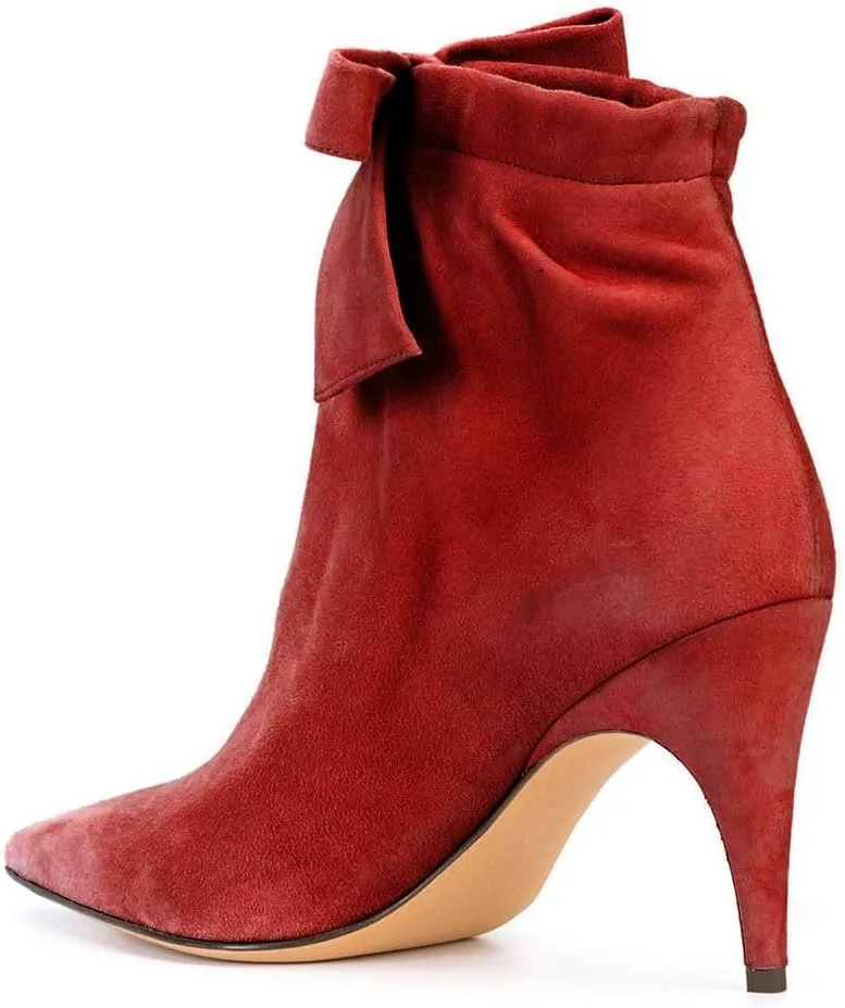 XYD Women Classical Pointed Toe Ankle Booties Dress Low Kitten Heels Graceful Bow Pull-on Boots Party Festival Shoes