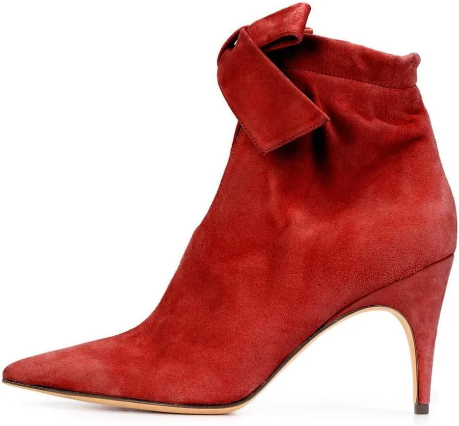 XYD Women Classical Pointed Toe Ankle Booties Dress Low Kitten Heels Graceful Bow Pull-on Boots Party Festival Shoes