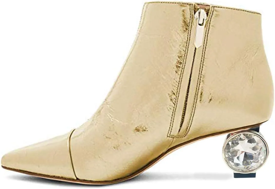 XYD Women Crystal Low Heel Ankle Boots Pointed Toe Shoes Side Zipper Prom Party Dress Fashion Short Booties