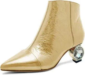 XYD Women Crystal Low Heel Ankle Boots Pointed Toe Shoes Side Zipper Prom Party Dress Fashion Short Booties