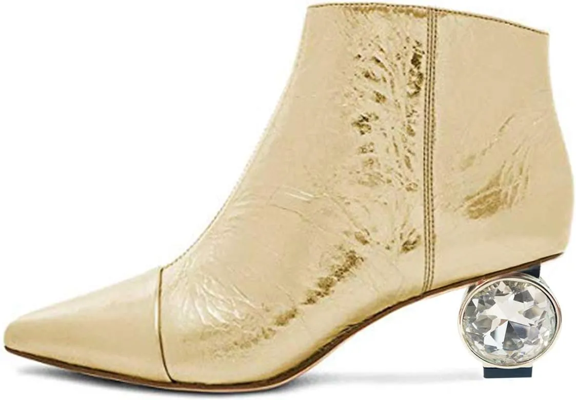 XYD Women Crystal Low Heel Ankle Boots Pointed Toe Shoes Side Zipper Prom Party Dress Fashion Short Booties