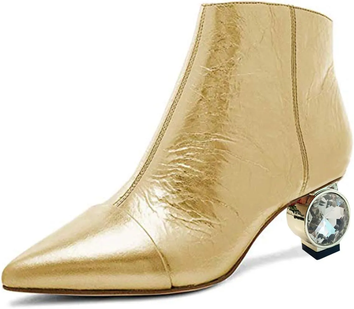 XYD Women Crystal Low Heel Ankle Boots Pointed Toe Shoes Side Zipper Prom Party Dress Fashion Short Booties