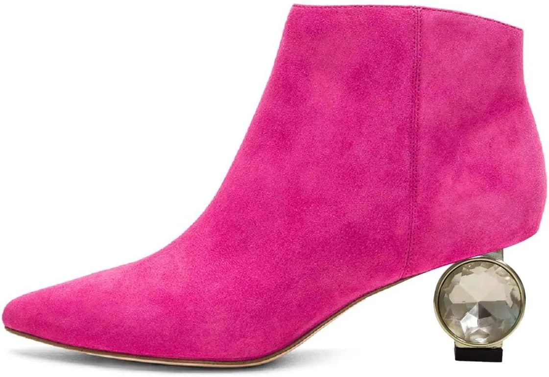XYD Women Crystal Low Heel Ankle Boots Pointed Toe Shoes Side Zipper Prom Party Dress Fashion Short Booties