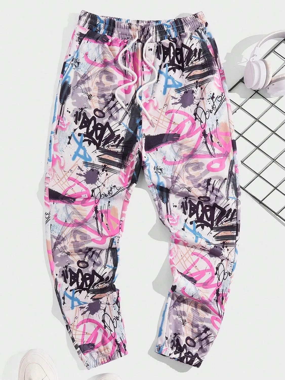 ZAFUL Men's Sweatpants Tapered Gym Running Workout Pants Cartoon Face Print Athletic Drawstring Joggers with Pockets